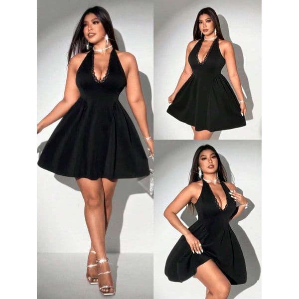 Plus Size Spring/Summer New Arrival Dress V-neck Sensual Lace-trimmed Sleeveless Puff-skirt Evening Gown Solid Colour