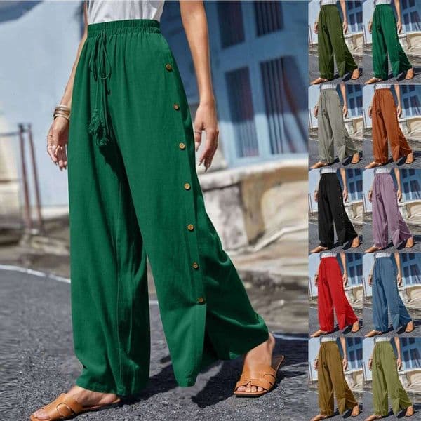 Summer Women Wide Leg Pants Cool Side Split Button Trousers High Waisted Drawstring Beach Bottoms Sweatpants