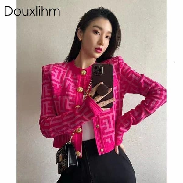 Douxlihm Free Shipping New Designer Clothing 2026 Spring Autumn Style Round Neck Knitted Cardigan Fashion Versatile Short Long Sleeve Sweater Jacket For Women