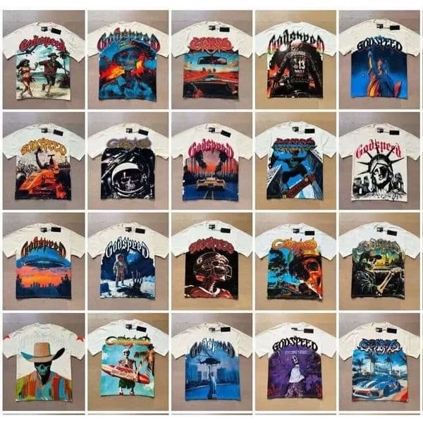 Godspeedes Men Designer T Shirt Mens Graphic Clothe Classical Hipster Fabric High Street Graffiti Letter Foil Print Vintage Washed Black Gothic Tee 96F