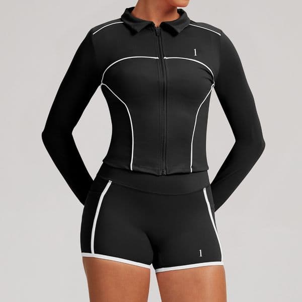 A6010 Women's Jacket Set Two Piece Yoga Polo Collar Contrast Piping Activewear Set 2-Piece Zip-Up Cropped Jacket Shorts Suit