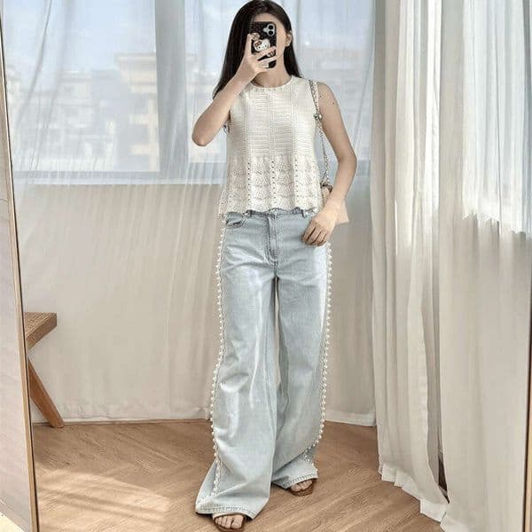 Designer Inspired Women's Knit Blouse, White Crochet Sleeveless High Neck with Bead Trim Flared Hem Casual Top