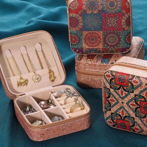 Portable Cork Jewelry Box Lightweight Vintage Storage Boxes Earrings Necklace Rings Case Square-Shape Zipper Organizer 26H0128