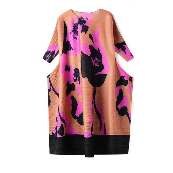 (041) Women's retro printed dress summer three-bedroom sleeve enlarged pleated dress mid-length skirt