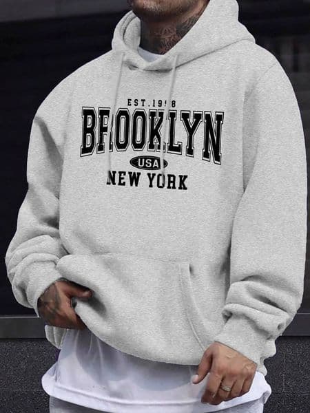 Men's autumn and winter casual fashion loose Brooklyn New York letter printed long sleeved hooded sweatshirt warm pullover ddmytues