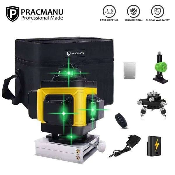 Pracmanu 16 Lines 4D Horizontal & Vertical Cross Line Green Beam 360 Self-Leveling Laser Level with Remote Control 26H0131