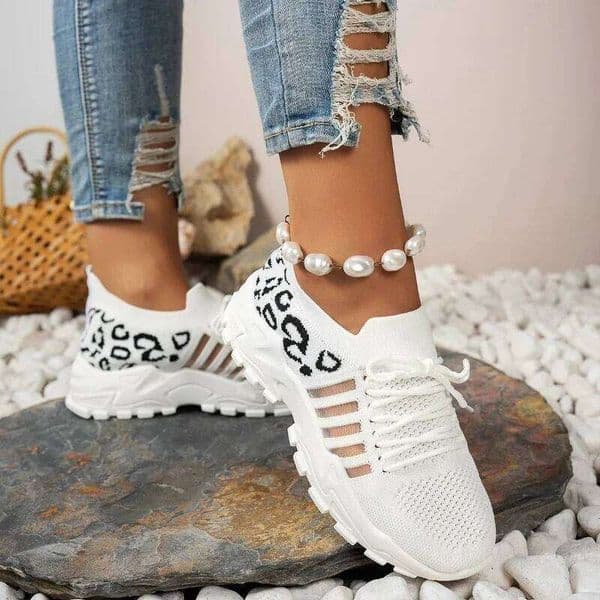 2025 New Casual Breathable Walking Mesh Flat Thick soled Sports Leopard Pattern Women's Shoes