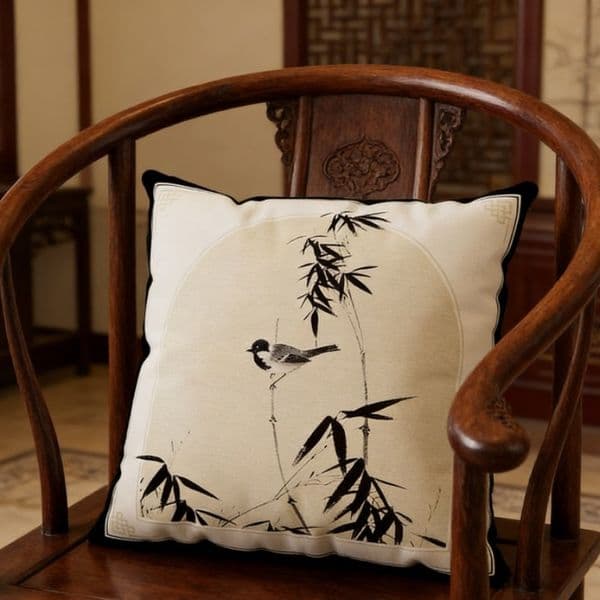 Designer Ink Wash Bamboo Bird Pattern Pillow 45x45cm Retro Luxury Decorative Cushion with Black Trim for Living Room
