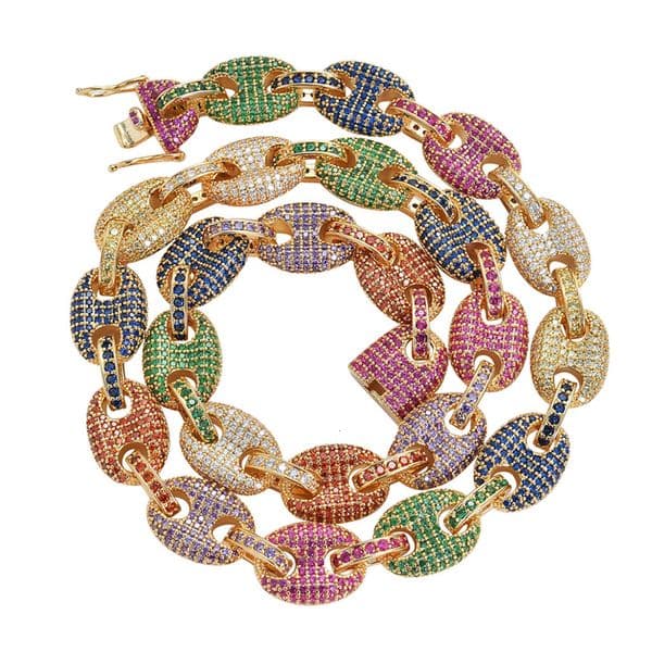 12mm Colorful Pig Nose Chain Coffee Bean 18K Gold Plated with Zirconia Hip Hop Rap Necklace