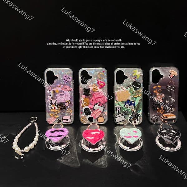 Luxury Designer Clear Case 3D Quilted Heart Mini Purse Grip with Pearl Lanyard for iPhone 15 14 13 Pro Max