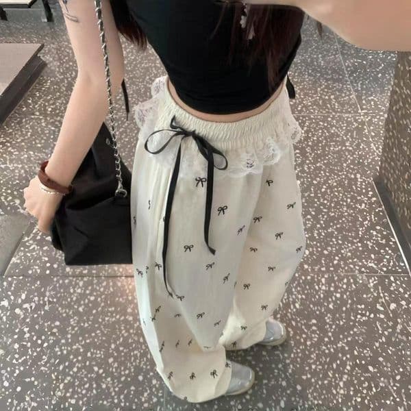 Designer Pnts Americn-style Sweet Nd Spicy Bow Lce Spliced Wide-leg Csul Long Pnts For Women Summer New High-wisted Floor-length Pnts