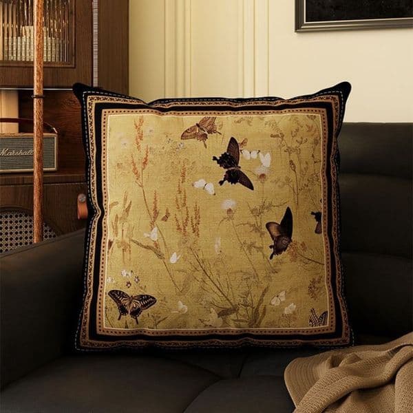 Designer Vintage Butterfly Pattern Pillow 45x45cm Retro Decorative Cushion with Trim for Living Room
