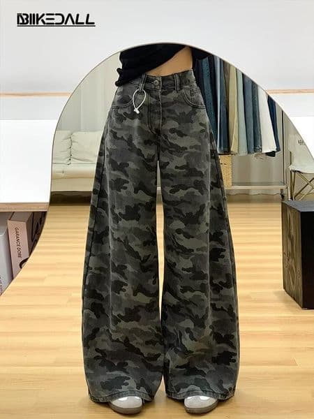Americn High Street Cmouflge Wide-leg Crgo Pnts For Women Designer Pnts Winter Loose Stright Slimming Verstile Floor-length Denim Pnts