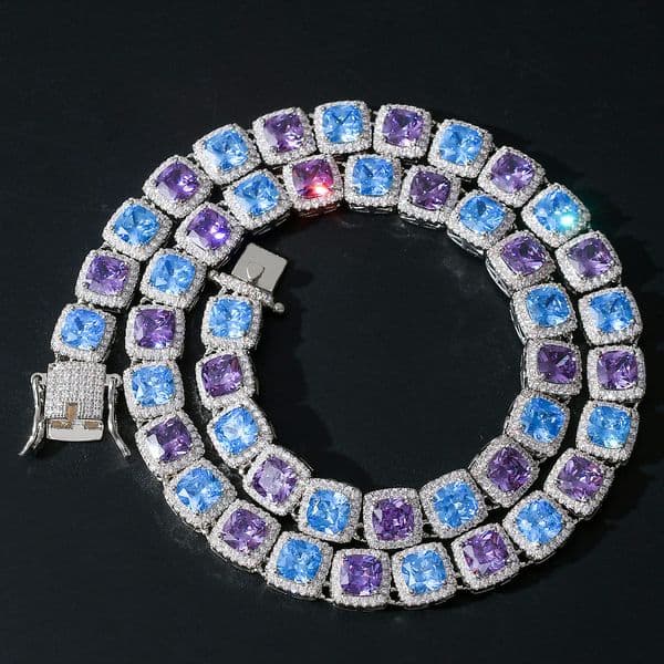 10mm Square Colored Zircon Sugar Cube Tennis Chain Hip Hop Men's Necklace Dropshipping
