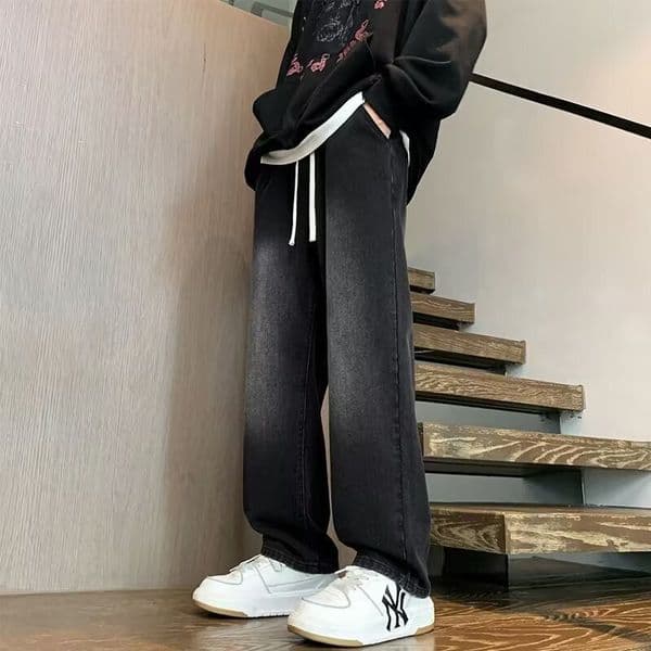 Designer Pants Japanese Style Drawstring Elastic Waist Jeans For Men Loose Straight Trendy Wide-leg Casual Floor-length Pants For Men