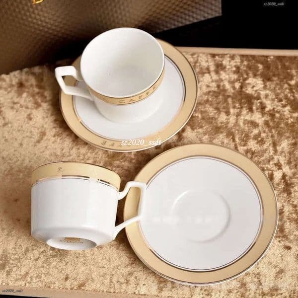 Designer Gold Cup Bone Porcelain Coffee Cup and Sauce Set with Gold Decoration - Includes dessert and cutlery trays for hotel, restaurant, and home use as gifts