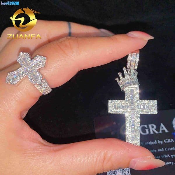Affordable Fine Jewelry Ready to Ship GRA 925 Solid Silver Baguette Moissanite Ring Iced Out Ring Men Diamond Ring Cross Ring