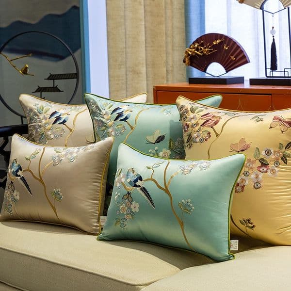 Chinese Embroidery Floral Bird Throw Pillow:New Chinese Style Classical Cushion for Sofa Bedside Back Support Customizable Cover Inser: