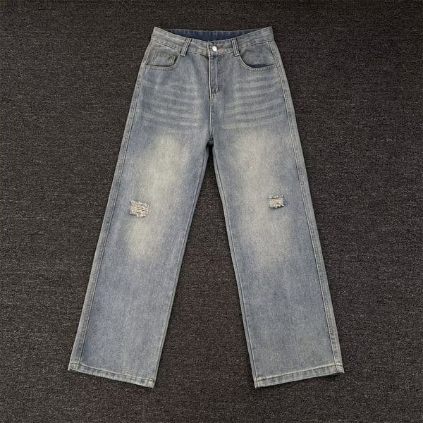 American Retro Distressed Washed Denim Long Pants For Men Wasteland Style Mud-dyed Loose Fit Designer Pants Wide-leg Casual Pants