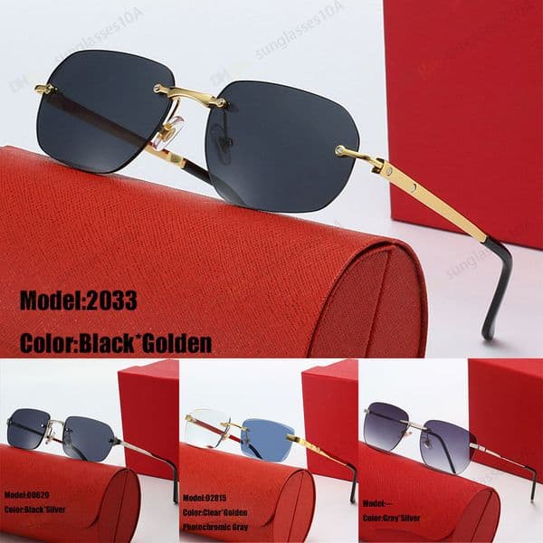 Men sunglasses Black mirror sunglasses Buffalo horn square rimless sunglasses with metal temples Simple and stylish men's driving cycling sunglasses with red case