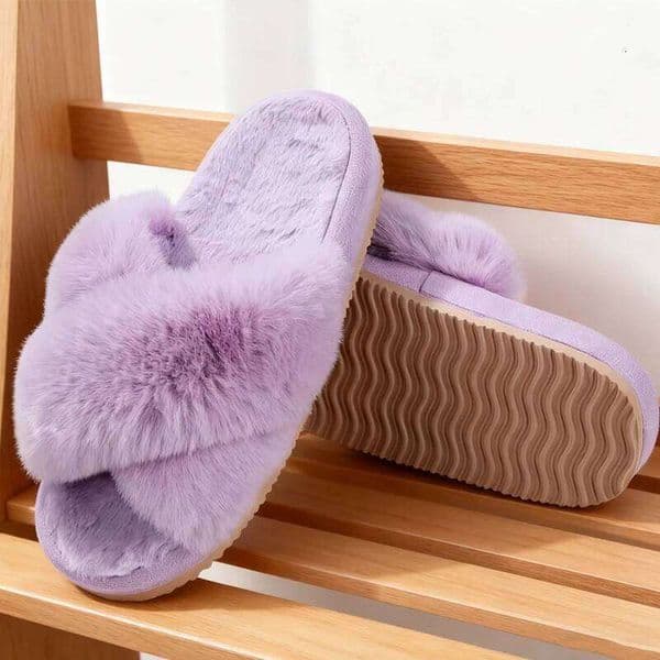 Kidmi New Fashion Fuzzy House for Women Fluffy Bedroom Warm Fur Slippers Thick Sole Cross Band Plush Shoes
