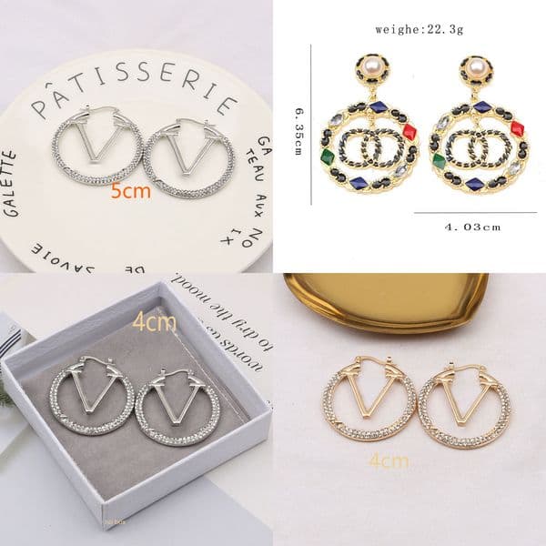 Designers Letters Plated 18K Gold Stud Clip Chain Metal Geometric Famous Women 925 Silver Crystal Rhinestone Hoop Earring Wedding Party Luxury Jewerlry Love