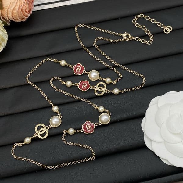 Gold Plated Copper Brass Pendant Camellia Necklace Fashion Women Pearl Sweater Chain Necklaces Choker Chain Wedding Jewelry