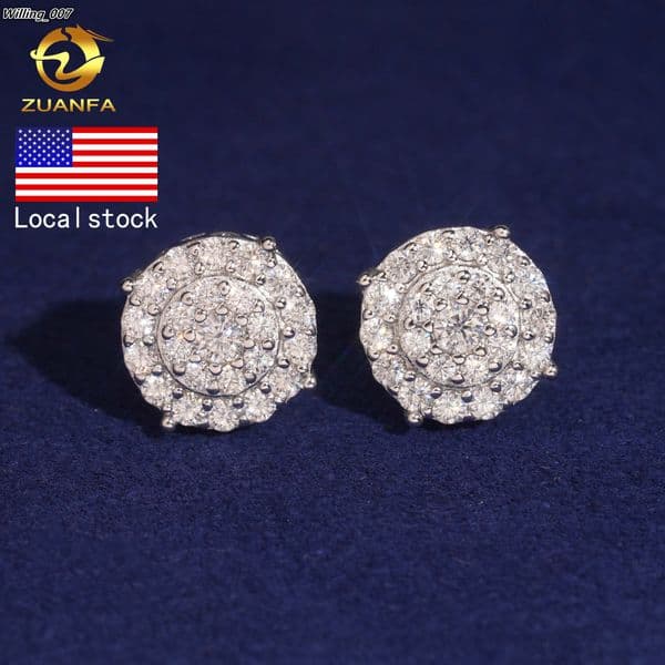 USA Warehouse Bulk in Stock Silver 925 VVS Moissanite Fine Jewelry Lab Diamond Hip Hop Stud Earrings