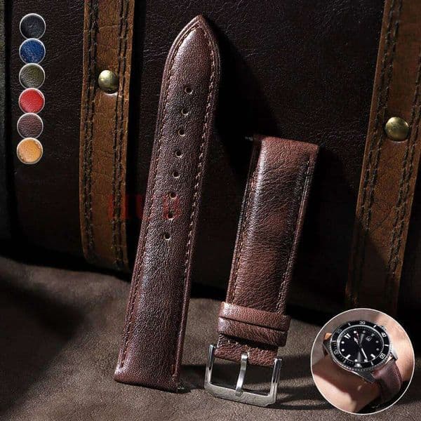 18mm 20mm 22mm 24mm Cowhide Strap Vintage Dark Brown Quick Release Watchband Men for Galaxy Watch 8/7/6/5/4 H260305