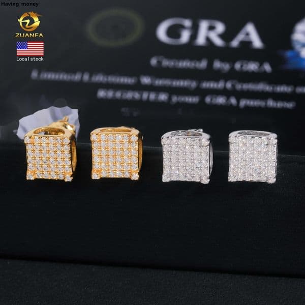 GRA Certificate Bulk Stock in America Warehouse Fashion Jewelry Iced Out S925 Screw Back VVS1 Moissanite Square Stud Earrings