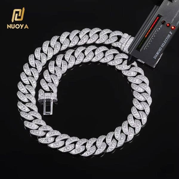 NUOYA S925 Sterling Silver D Color Moissanite Cuban Link Chain Necklace 18MM Long Buckle Chunky Necklace Hip Hop Jewelry