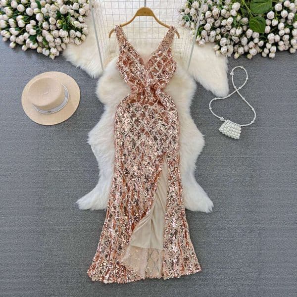 2026 Evening Dress Banquet Elegant Long Dress V-neck Waist Slimming Glitter Split and Tight Design