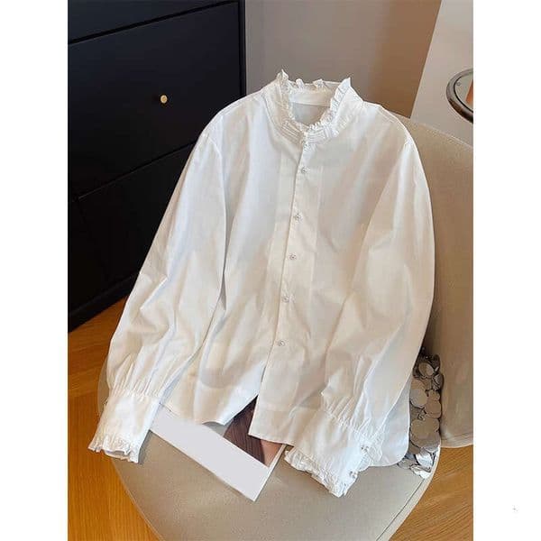 2026 designer's new European style women's palace style pleated stand up a25 collar shirt with unique creativity