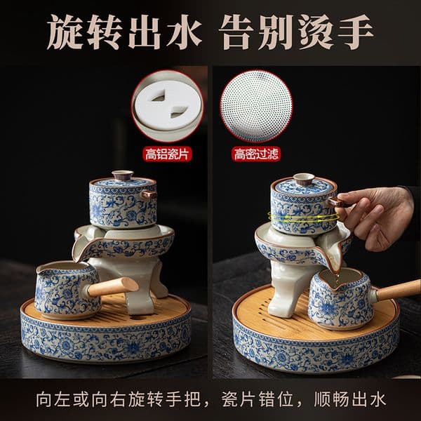 Bestseller Blue white porcelain automatic set for home use, complete kung fu cups and tray, convenient tea brewing tool with a rotating water dispenser ddmySat