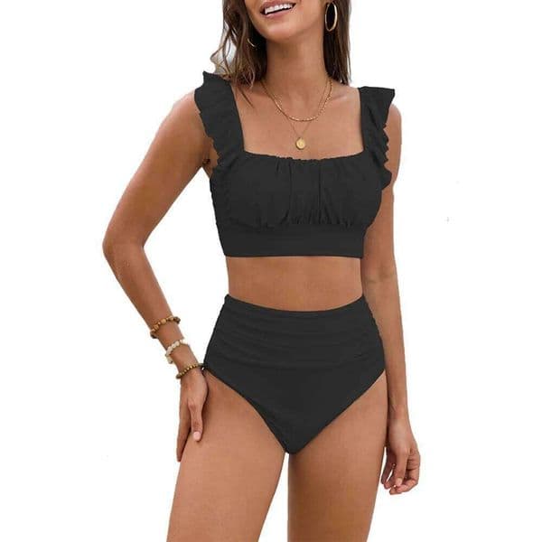 Women 2 Piece High Waisted Bikini Set, Floral Ruffle Tummy Control Swimsuit, Ruched Modest Full Coverage Bathing Suit H260309