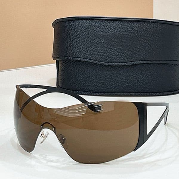Womens designer frameless face mask sunglasses good quality black metal frame brown lens glasses womans outdoor driving UV400 protection with packaging box E2022