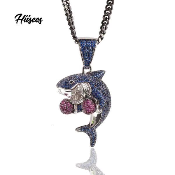 Hip Hop Copper 18K Real Gold Plated Colorful Cubic Moissaniteia Micro Insert Cute Boxing Shark Pendant Twist Chain Necklace for Men