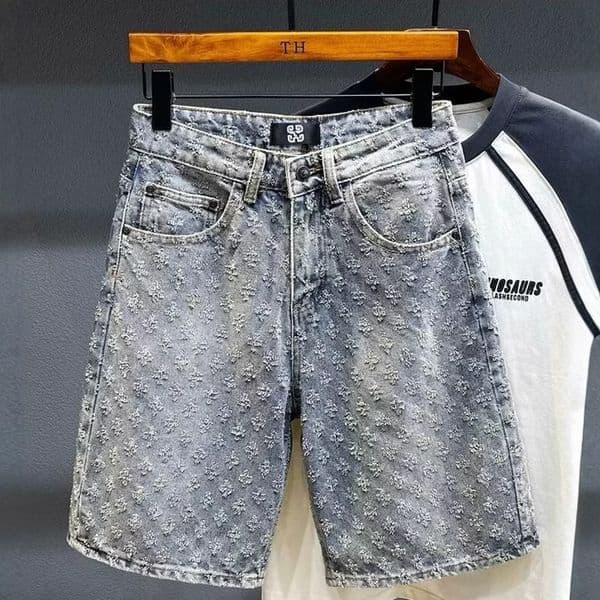 Clothes Summer American-Style 2026 Casual Brand Designer Retro Luxury Distressed Ripped Denim Shorts For Men, Straight Cut, Loose Fit, High Street Versatile