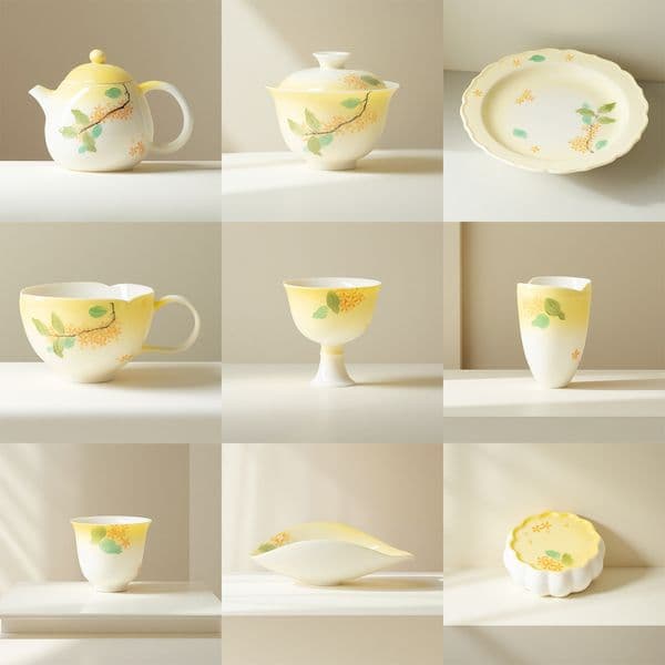 Tang-Song era jade clay gradient laurel hand-painted ceramic tea set collection for home use, including teapot, gaiwan, teacup, master cup, and tasting cup