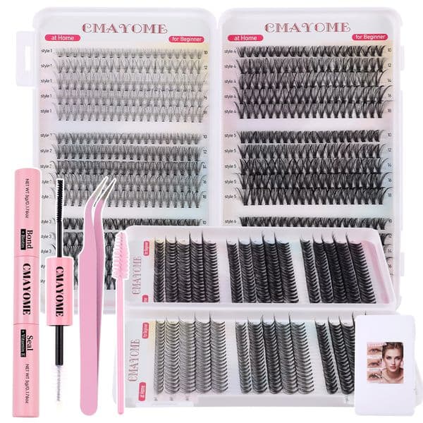 DIY Cluster Lashes Kit with Lash Adhesive Tweezer D Curled DIY Segmented Eyelash Extensions Soft Lightweight Handmade Reusable Individual Eyelashes for Women