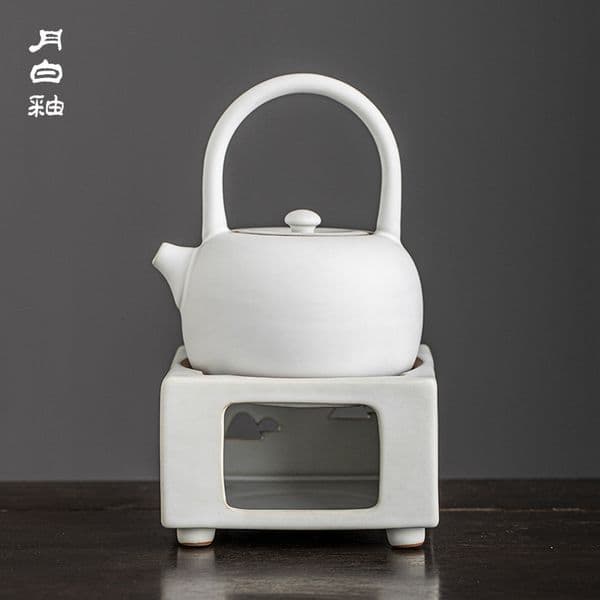 Bestseller White Chinese-style hammered handle teapot, ceramic warmer, candle/alcohol burner, open flame tea maker, outdoor kettle ddmySat