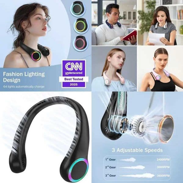 Portable 4000mAh Neck Fan with 3-Speed Cooling and 64 LED Lights Rechargeable Hands-Free for Summer X260311