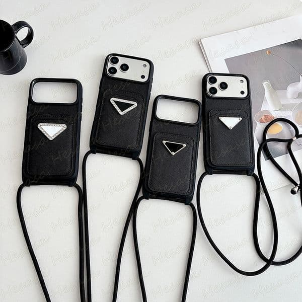 Luxury Leather Card Slot Pocket Phone Case for iPhone 17 Air 15 16 Pro Max 14 Plus 13 12 Ultra Slim Storage Bag Shoulder Strap Cover Designer Tri-angle Bumper 17pro 16pro