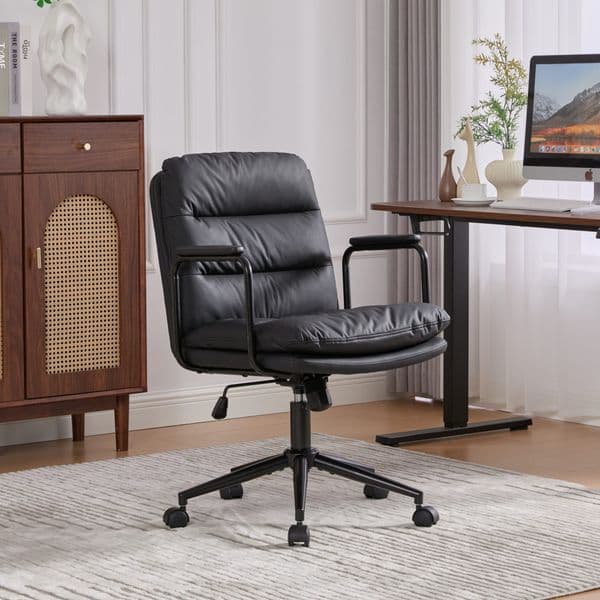 Office Chair Mid Back Home Office Desk Task Chair with Wheels and Arms Ergonomic PU Leather Computer Rolling Swivel Chair with Padded Armrest