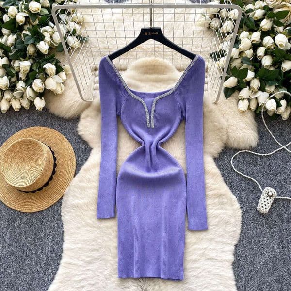 Goddess style elegant high-end heavy rhinestone decoration square neck long sleeved knitted a21 dress slim fit waist exquisite