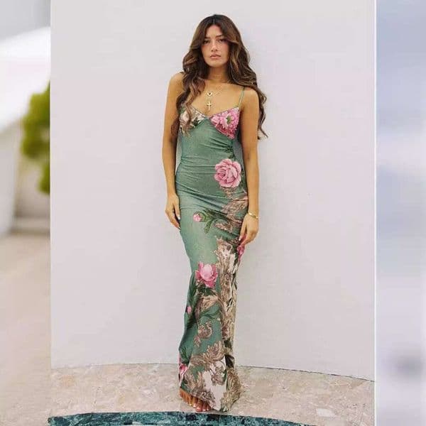 S32138 European and American New Long Vacation Style Elegant Slim Fit Printed Design Camisole Dress Women's Clothing