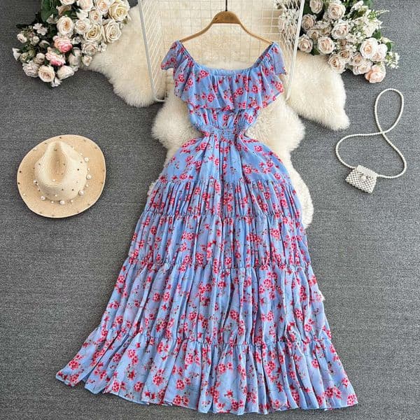 a24 Super Immortal Seaside Resort Flower Style Gentle Square Collar Ruffle Hemp Waist Slimming A-line Chiffon Dress