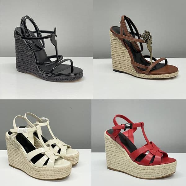 designer sandals heels espadrilles wedge shoes leather heel wedding dress shoes women black 10.5 cm heel adjustable buckle no box 325
