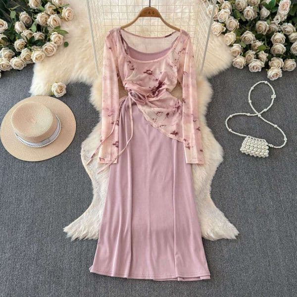 Light colored mature style drawstring irregular mesh print off shoulder T-shirt retro solid color camisole skirt two-piece set