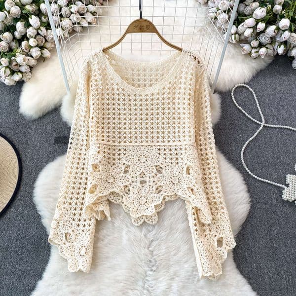 A15 2026 Spring/Summer Designer Retro Design Thin Hollow Cardigan Suitable for Seaside Vacation Loose Knitted